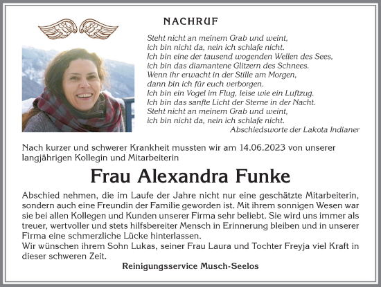 Traueranzeige von Alexandra Funke von Allgäuer Anzeigeblatt
