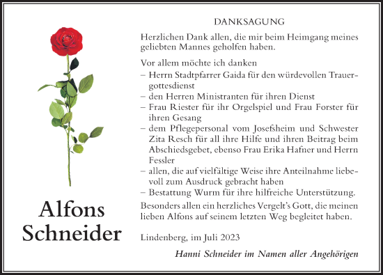 Traueranzeige von Alfons Schneider von Der Westallgäuer