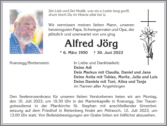 Traueranzeige von Alfred Jörg von Allgäuer Anzeigeblatt