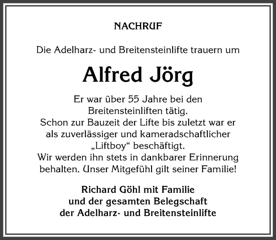 Traueranzeige von Alfred Jörg von Allgäuer Anzeigeblatt