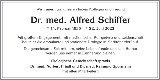 Traueranzeige von Alfred Schiffer von Allgäuer Zeitung, Marktoberdorf