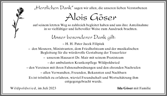 Traueranzeige von Alois Göser von Allgäuer Zeitung,Kempten