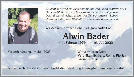 Traueranzeige von Alwin Bader von Allgäuer Anzeigeblatt