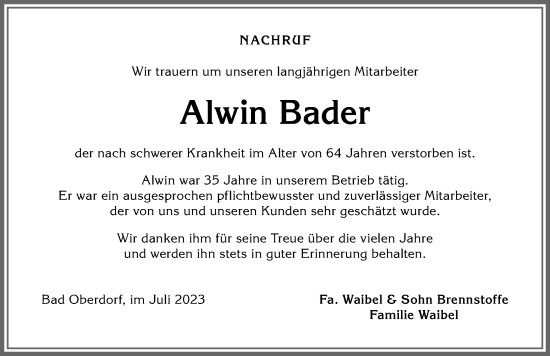 Traueranzeige von Alwin Bader von Allgäuer Anzeigeblatt