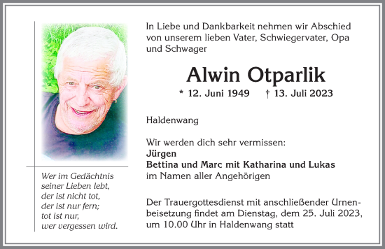 Traueranzeige von Alwin Otparlik von Allgäuer Zeitung,Kempten