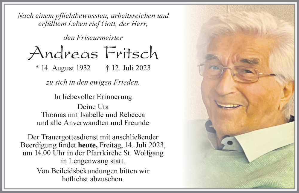  Traueranzeige für Andreas Fritsch vom 14.07.2023 aus Allgäuer Zeitung, Füssen
