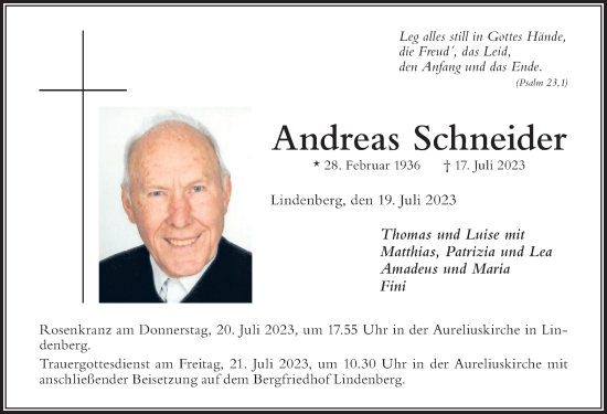 Traueranzeige von Andreas Schneider von Der Westallgäuer