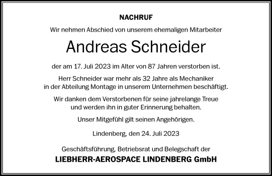 Traueranzeige von Andreas Schneider von Der Westallgäuer