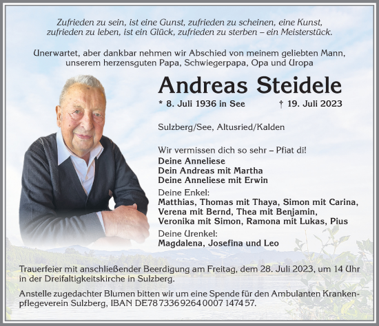 Traueranzeige von Andreas Steidele von Allgäuer Zeitung,Kempten