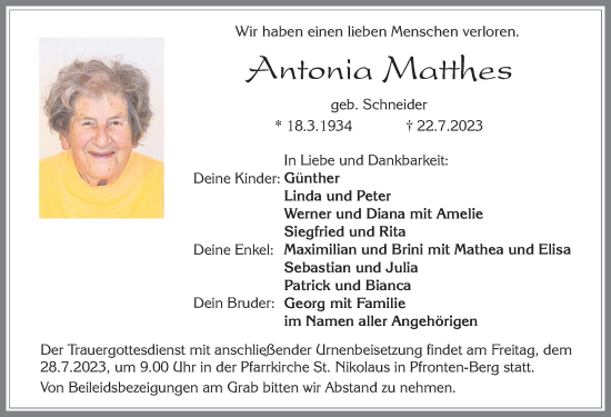 Traueranzeige von Antonia Matthes von Allgäuer Zeitung, Füssen