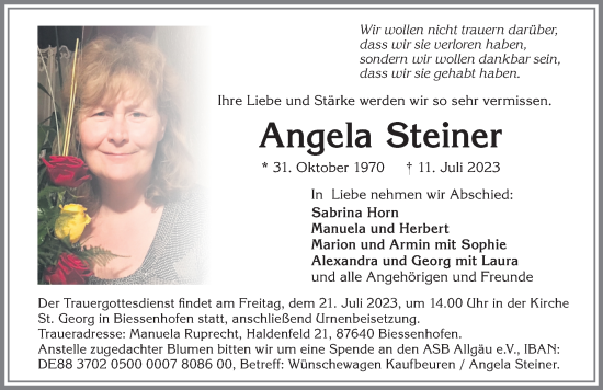 Traueranzeige von Angela Steiner von Allgäuer Zeitung, Marktoberdorf