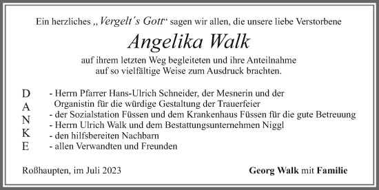 Traueranzeige von Angelika Walk von Allgäuer Zeitung, Füssen