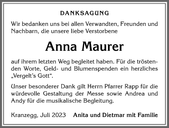 Traueranzeige von Anna Maurer von Allgäuer Anzeigeblatt