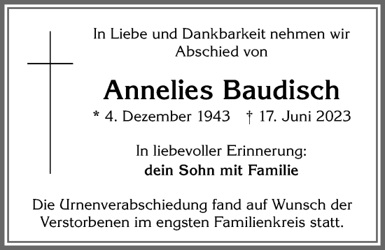 Traueranzeige von Annelies Baudisch von Allgäuer Zeitung, Kaufbeuren/Buchloe