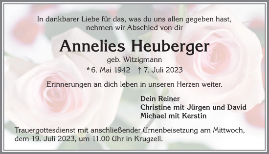 Traueranzeige von Annelies Heuberger von Allgäuer Zeitung,Kempten