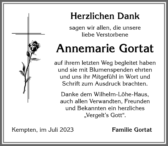 Traueranzeige von Annemarie Gortat von Allgäuer Zeitung,Kempten