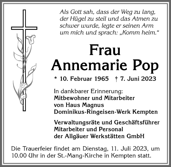 Traueranzeige von Annemarie Pop von Allgäuer Zeitung,Kempten
