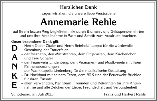 Traueranzeige von Annemarie Rehle von Allgäuer Zeitung, Kaufbeuren/Buchloe
