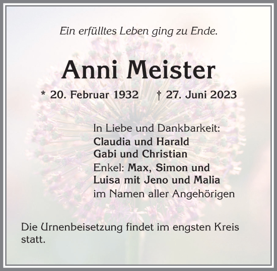Traueranzeige von Anni Meister von Allgäuer Zeitung,Kempten