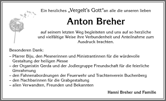 Traueranzeige von Anton Breher von Allgäuer Zeitung,Kempten