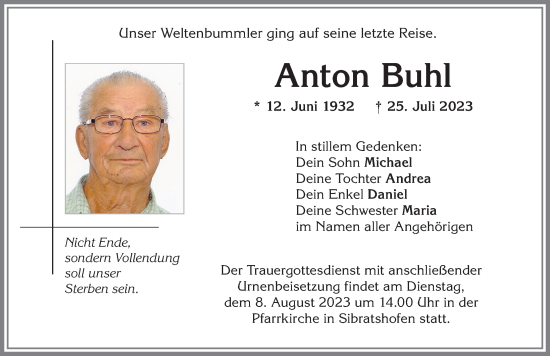 Traueranzeige von Anton Buhl von Allgäuer Zeitung,Kempten