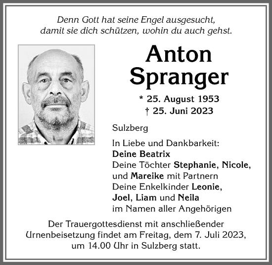 Traueranzeige von Anton Spranger von Allgäuer Zeitung,Kempten