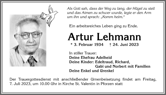 Traueranzeige von Artur Lehmann von Allgäuer Zeitung, Kaufbeuren/Buchloe