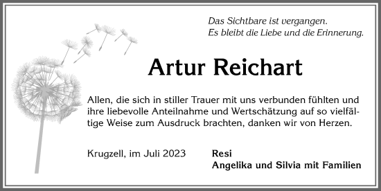 Traueranzeige von Artur Reichart von Allgäuer Zeitung,Kempten