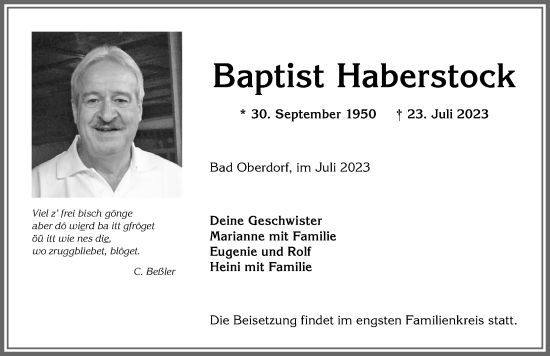 Traueranzeige von Baptist Haberstock von Allgäuer Anzeigeblatt