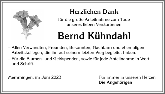 Traueranzeige von Bernd Kühndahl von Memminger Zeitung