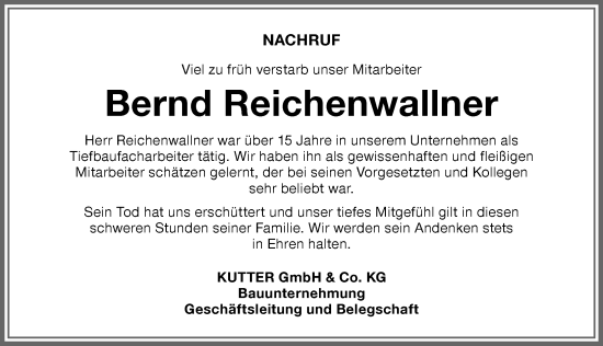 Traueranzeige von Bernd Reichenwallner von Memminger Zeitung