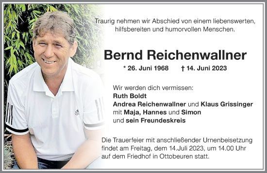 Traueranzeige von Bernd Reichenwallner von Memminger Zeitung