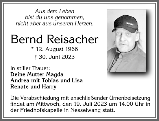 Traueranzeige von Bernd Reisacher von Allgäuer Zeitung, Füssen
