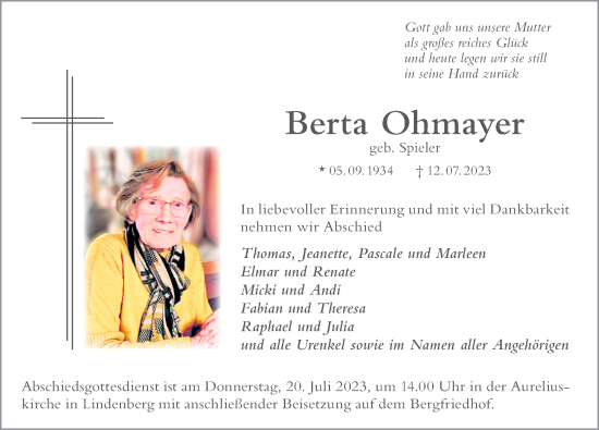 Traueranzeige von Berta Ohmayer von Der Westallgäuer