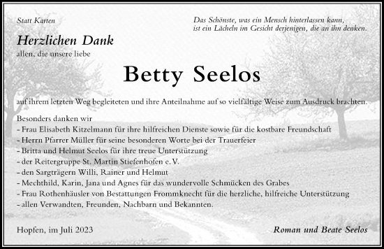 Traueranzeige von Betty Seelos von Der Westallgäuer