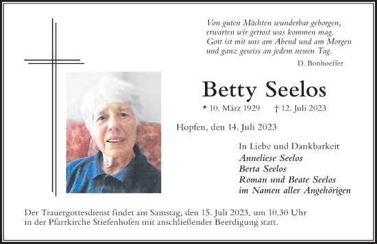 Traueranzeige von Betty Seelos von Der Westallgäuer