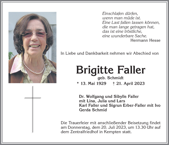 Traueranzeige von Brigitte Faller von Allgäuer Zeitung,Kempten