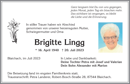 Traueranzeige von Brigitte Lingg von Allgäuer Anzeigeblatt