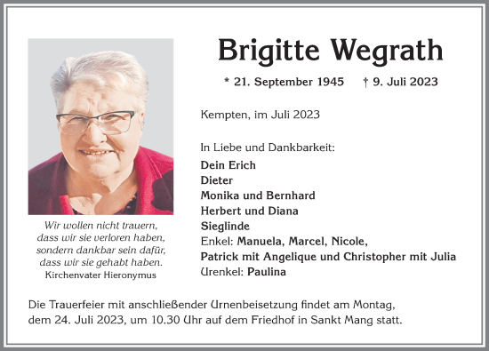 Traueranzeige von Brigitte Wegrath von Allgäuer Zeitung,Kempten