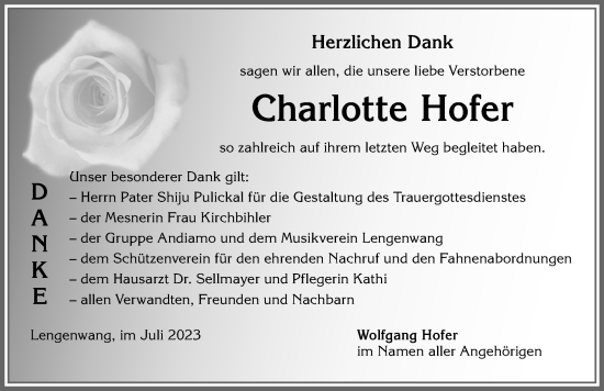 Traueranzeige von Charlotte Hofer von Allgäuer Zeitung, Marktoberdorf