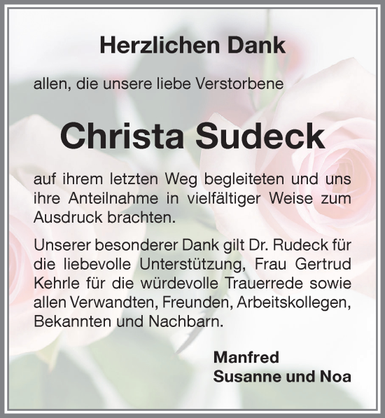 Traueranzeige von Christa Sudeck von Memminger Zeitung
