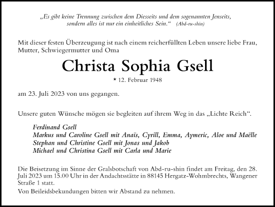 Traueranzeige von Christa Sophia Gsell von Der Westallgäuer