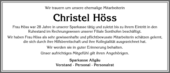 Traueranzeige von Christel Höss von Allgäuer Anzeigeblatt