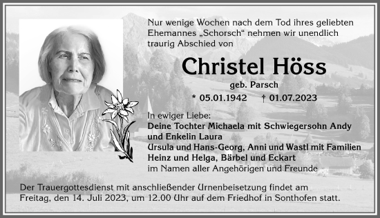 Traueranzeige von Christel Höss von Allgäuer Anzeigeblatt