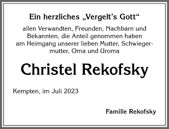 Traueranzeige von Christel Rekofsky von Allgäuer Zeitung,Kempten