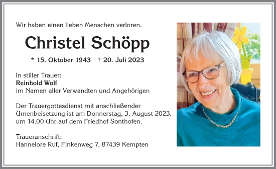 Traueranzeige von Christel Schöpp von Allgäuer Zeitung,Kempten