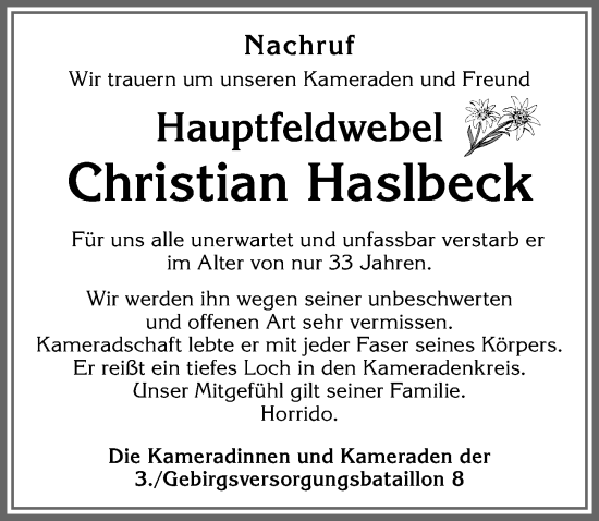 Traueranzeige von Christian Haslbeck von Allgäuer Zeitung, Füssen