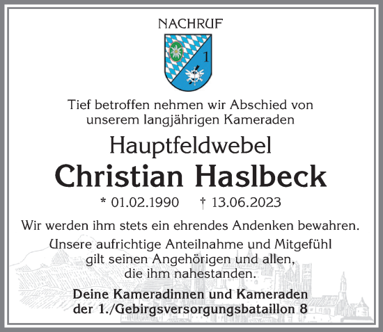 Traueranzeige von Christian Haslbeck von Allgäuer Zeitung, Füssen