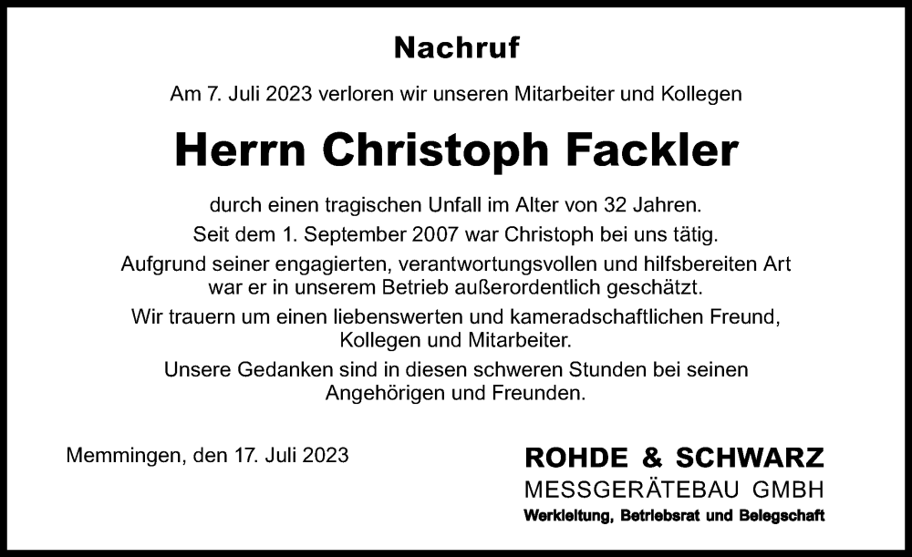  Traueranzeige für Christoph Fackler vom 17.07.2023 aus Memminger Zeitung