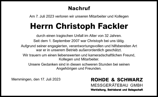 Traueranzeige von Christoph Fackler von Memminger Zeitung